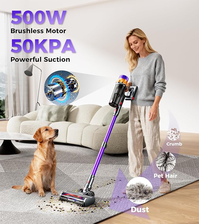 Cordless Vacuum Cleaner 500W 50KPA 60Mins Vacuum Cleaners for Home Self-Standing Stick Vacuums with LED Display Anti-Tangle Lightweight Rechargeable Wireless Vacumm for Pet Hair Carpet Floor