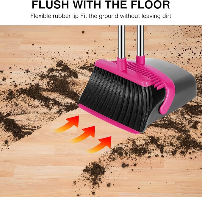 NACENA Broom and Dustpan Set 52-in Long Adjustable Handle Broom Dustpan Combo with Dustpan Teeth to Automatically Clean Hair Suitable for Home Kitchen Office Hall Floor（Grey&ampRose）