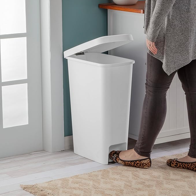 Sterilite 11 Gallon Slim StepOn Wastebasket with Lid Hands-Free Space-Saving Trash Can for the Kitchen or Bathroom White 4-Pack