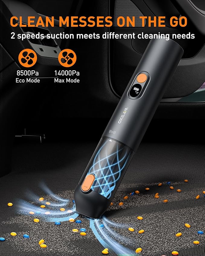 OXILAM Car Vacuum Portable - Handheld Vacuum Cordless 14000PA High Power Blow &amp Suction 2 in 1 Up to 30 Mins Runtime Cordless Vacuum Cleaner for Home Car Office Gifts for Men &amp Women