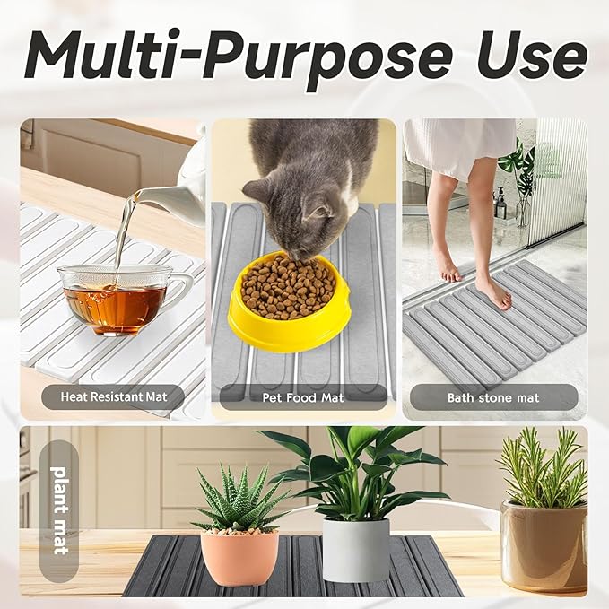 Foldable Stone Drying Mat for Kitchen Counter 24x15 Quick Dry Diatomaceous Earth Dish Drying Mat Multipurpose Counter Protector Heat-Resistant &amp Non-Slip Easy to Clean (Light grayOval)