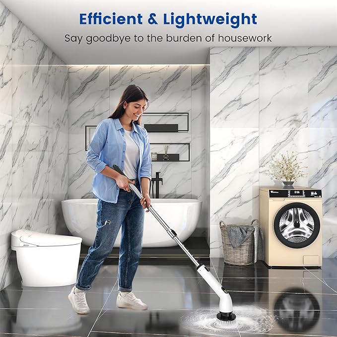 Electric Spin Scrubber Full-Body IPX7 Waterproof Cordless Shower Scrubber with 8 Replaceable Heads Upgraded Extension Handle 2H Work Time 2 Speeds for Bathroom Shower Tile Glass