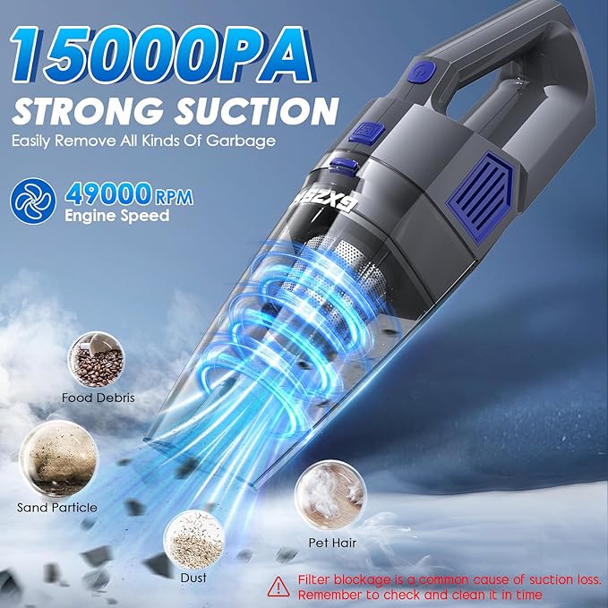 Handheld Vacuum Cordless 15000PA Strong Suction Hand Held Car Vacuum Cleaner Rechargeable Portable Hand Vacuum with Multi-Nozzles &amp Washable Filter for Home Office Car Pets