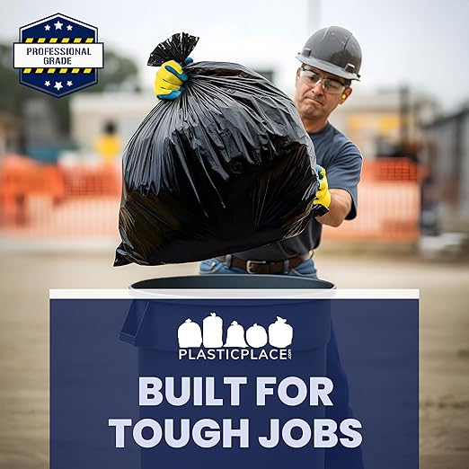 Plasticplace Contractor Trash Bags 42 Gallon │ 3.0 Mil │ Flaps │ Black Heavy Duty Garbage Bag │ 33” x 48” (50 Count)