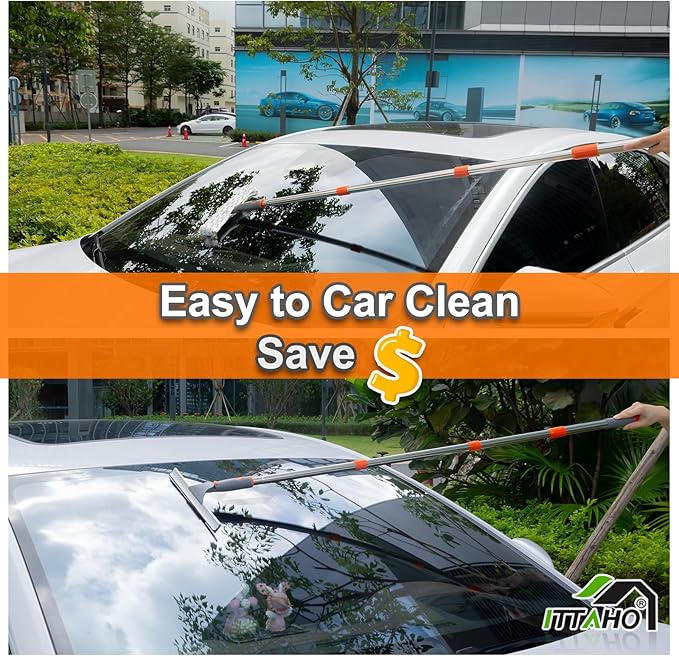 ITTAHO Squeegee for Window Cleaning12 Squeegee and 11 Microfiber Scrubber Combi with Stainless Steel PoleExtendable Window Cleaner for CarSliding DoorShower Glass Door-Swivel Style-2 Pads
