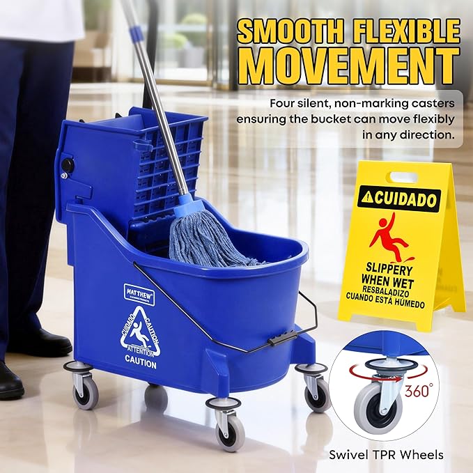 Matthew Cleaning Blue 44Quart Commercial Mop Bucket INCL.Wet String Mop&amp 19'' Industrial Wet Floor Sign with Side Press Wringer On WheelsTandem Portable Floor Cleaning WavebrakeIdeal for Househo