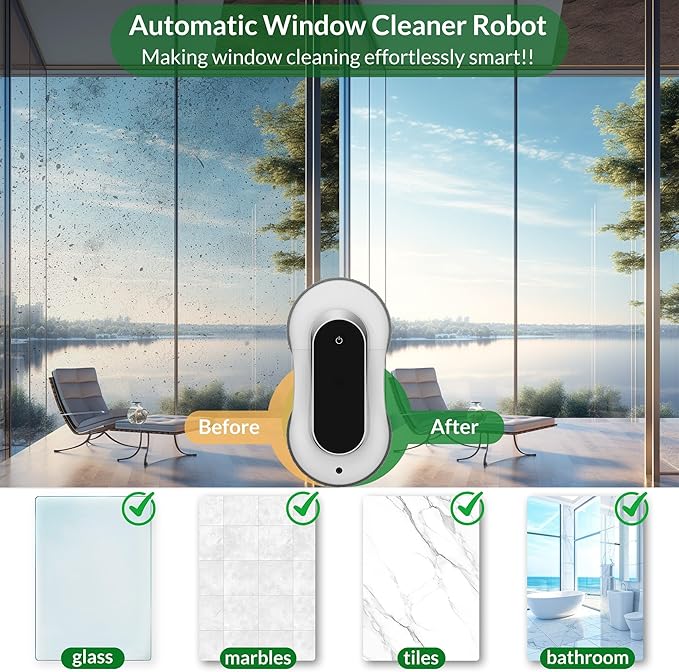 Smart WinbotWindow Cleaning Robot with Dual Water Spray Automatic Window Cleaner Robot for Windows/Tiles/Glass Door3000Pa Suction Power Edge Detection TechnologyAPP&ampRemote Control Washer