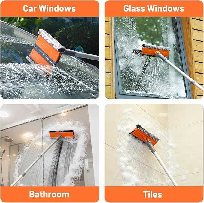 Eazer 46'' Professional Window Cleaner Tool 2-in-1 Rotatable Squeegee for Window Cleaning Kit Window Washing Equipment Kit with Threaded Extension Pole(20''-46'') for Shower/Windshield.