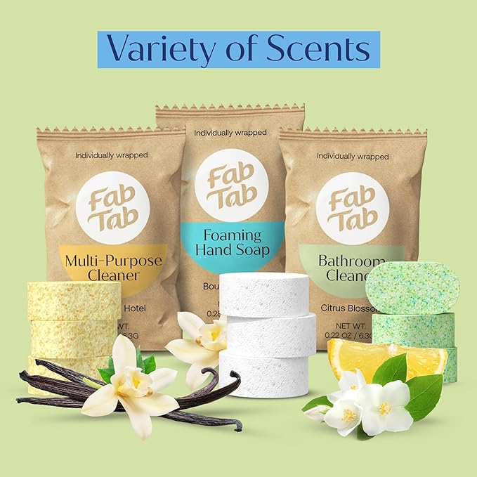 Fab Tab Home Cleaning Kit Refill Tablets - All-Purpose Cleaner Bathroom Cleaner &amp Foaming Hand Soap Tablet Refills - Plant-Based - Platic-Free - No Harsh Chemicals - (Bottles Not Included)