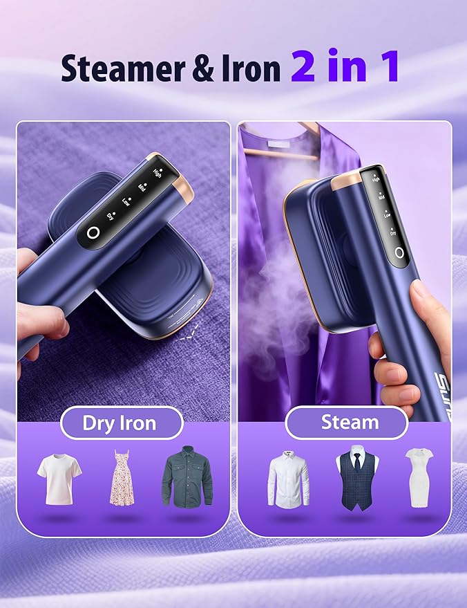 Travel Steamer for Clothes with 180 ml Water Tanks15s Fast Heat-up24 g/min Strong Steam Performance Portable Garment Steamer with Touch Control LED Display Steam Iron(Blue Gold)
