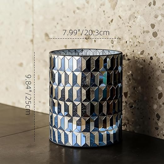Escenzy Modern Bathroom Trash Can Mosaic Glass 5L | Decorative Small Garbage Can | 8 x 10 | Luxury Waste Basket for Restroom Office Bedroom &amp Kitchen | Shiny Black and Gold Bathroom Accessorie