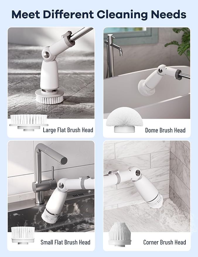 Electric Spin ScrubberFloor Power Scrubber with Long Handle Dual SpeedsCleaning Brush CordlessShower Scrubber Scrub Brush with 3 Adjustable Angles8 Brush Heads for Bathroom Tile