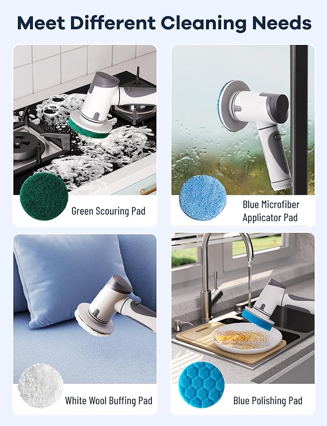 Electric Spin ScrubberPower Scrubber Dual Speeds Cordless Shower Scrub Brush with HandleCleaning Brush with IPX7 Waterproof8 Brush Heads for KitchenTileTub (Short Purple)