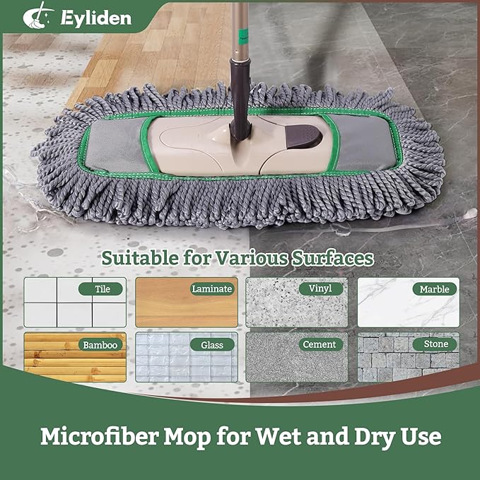 Eyliden Pro Dust Mops for Floor Cleaning - Total 3 Washable Microfiber Pads One-Click Replacement Telescopic Handle Professional Design for Floors &amp Pet Hair (Grey+Green)