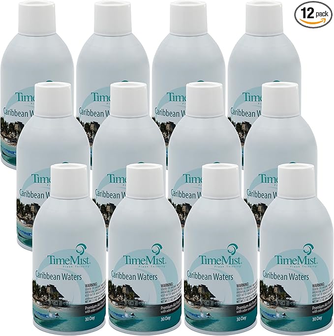TimeMist Premium Metered Air Freshener Refills - Caribbean Waters - 7.1 oz (Case of 12) 1042756 - Lasts Up To 30 Days and Neutralizes Tough Unwanted Odors