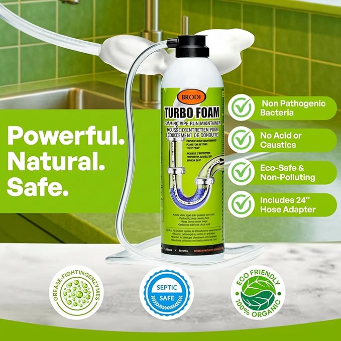 TurboFoam Drain Foam Cleaner Expanding Enzyme Formula Deep-Cleans Pipes Dissolves Fat Oil &amp Grease Stops Odors at the Source – Safe for All Plumbing &amp Septic Systems (Pack of 1)
