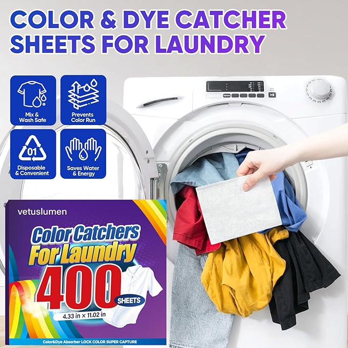Veuslumen Color Catchers for Laundry - 400 Count Color Absorber Sheets Prevent Color Bleeding &amp Protect Colors Lock in Dyes Allow Safe Mixed Washes for All Machines