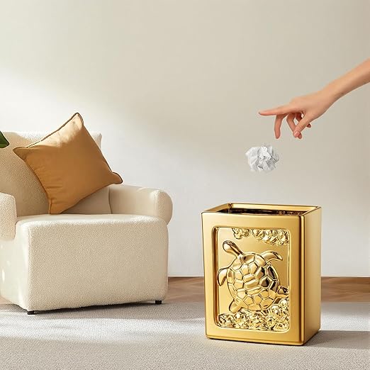 Golden Ceramic Turtle Trash Can - 7L/1.85Gallon Square Garbage Can with Turtle Relief Multi-Use Waste Basket for Kitchen Bathroom Bedroom Office Turtle Decor &amp Small Trash Bin