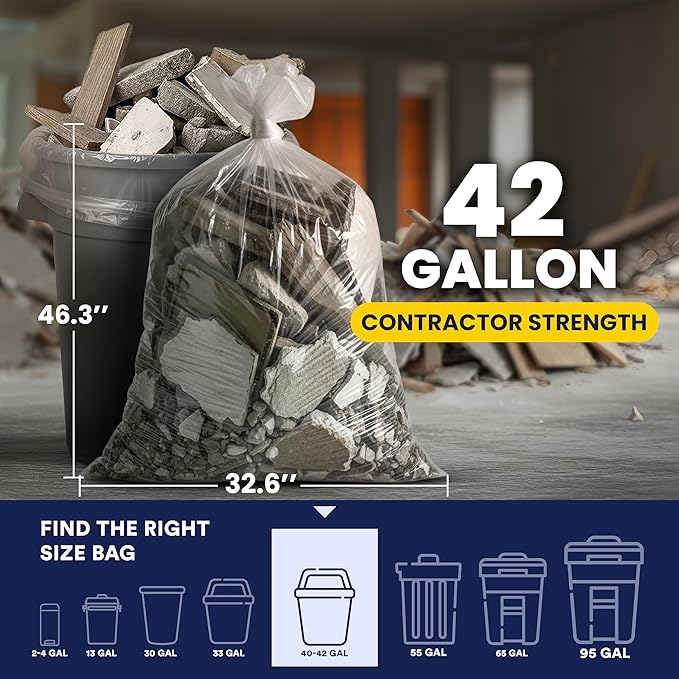 Plasticplace Contractor Trash Bags 42 Gallon │ 3.0 Mil │ Clear Heavy Duty Garbage Bag │ 32.6” x 46.4” (50 Count) Transparent B001C0SIUG