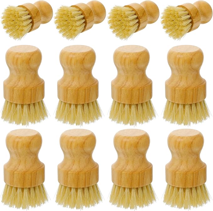 12 Pcs Bamboo Dish Scrub Brushes with Natural Sisal Bristles for Cleaning Pots Pans Dishes Sink 3.14x2.17 Inches
