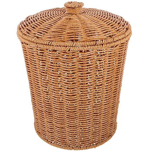ABOOFAN Wicker Trash Can with Lid Bedroom Bathroom Trash Can Boho Woven Wicker Waste Basket Office Garbage Cans Rattan Storage Basket for Under Desk Dirty Clothes Container Flower Arrangement