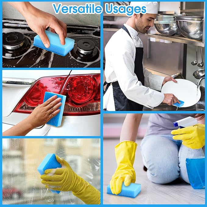 Tioncy 100 Pcs Individually Wrapped Sponges Kitchen Bulk Blue Dish Non Scratch Scrub Sponges Dual Sided Cleaning Dish Scrubber for Washing Dishes Pots Pans Sinks Stoves Appliances Car Bike