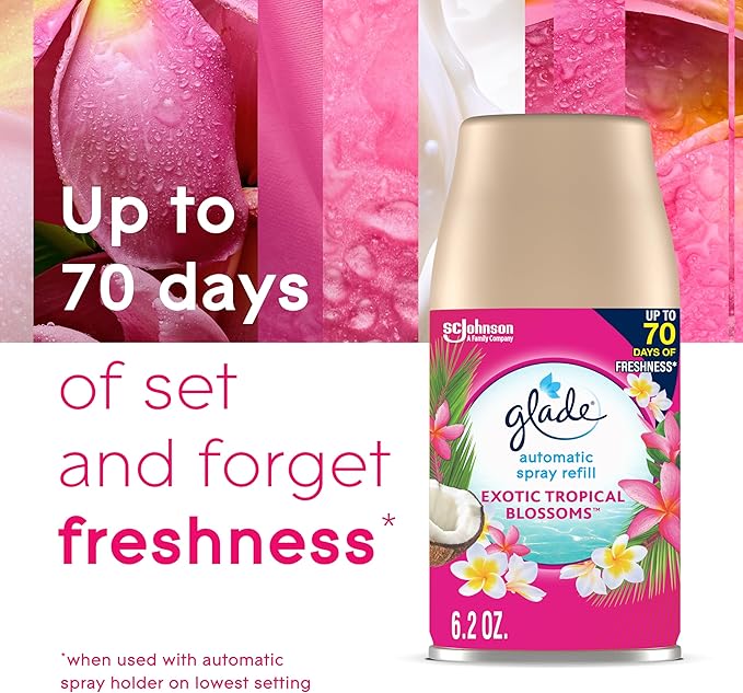 Glade Automatic Spray Refill and Holder Kit Air Freshener for Home and Bathroom Tropical Blossoms 6.2 Oz 2 Count