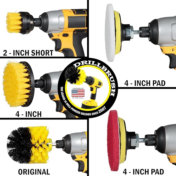 Drill Brush Attachment Multipurpose House Cleaning Supplies Set: Nylon Toilet Brush Kit Lemon Lime Scented Cleaning Paste Scrub Pads - Bathroom &amp Kitchen Tile Grout Cleaner - Household Essential