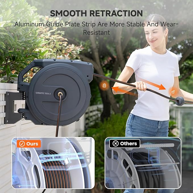 Giraffe Tools Heavy-Duty Wall-Mounted Hose Reel 5/8 x 90 ft Retractable Hose with Automatic Rewind 180° Swivel Any-Length Lock &amp 9-Pattern Nozzle (Dark Grey)