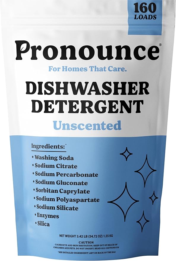 Pronounce Dishwasher Detergent Powder - Cleaner Ingredients Fragrance Free - Ultra Concentrated Cuts Grease and Grime Dishwasher Pods Alternative (Residue-Free). (160 Loads Unscented)
