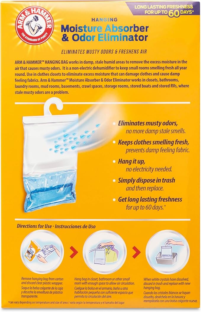 Hammer Hanging Moisture Absorbers and Odor Eliminator - 1 Fragrance Free &amp 1 Clean Burst - Humidity Packs Traps Moisture - Fresher Air - Humidity Absorber Dehumidifier Bags - 2 Pack Packed by ILI