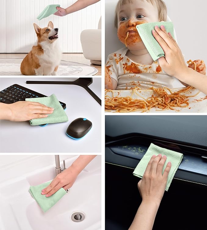 KitchLife Microfiber Cleaning Cloth Roll 100 Pack - Tear-Away Microfiber Paper Towels Lint-Free Reusable Washable for Kitchen Car Dishes and Sensitive Surfaces (Bean Green)