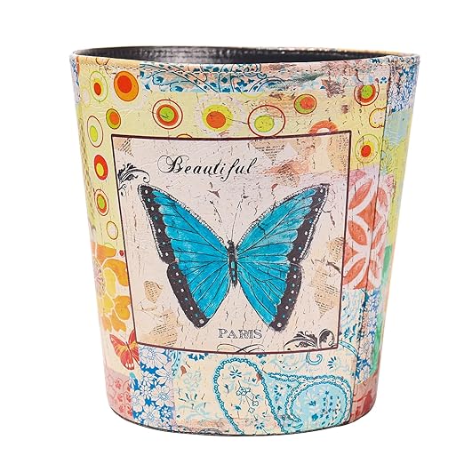 PU Leather Small Trash Can Wastebasket Round Garbage Container Basket for Bathrooms Laundry Room Kitchens Offices Kids Rooms BedroomsDormsHome Decorative Art Bin 2.9 Gallon(Blue Butterfly)