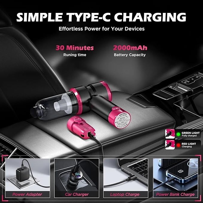 Handheld Car Vacuum with 15000PA Power 4 in 1 Powerful Cordless Vacuum Cleaner &amp Air Duster with 2000mAh Battery Rechargeable Portable Mini Hand Held Vacuum for Car HomeOfficePet Hair（Pink）