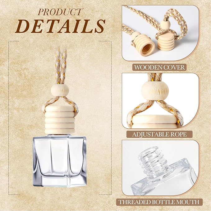 BBTO 200 Pcs Hanging Car Diffuser Bottles Bulk Empty Clear Glass Air Freshener Bottles with Wooden Cap for Perfume Essential Oils Fragrance Aromatherapy Ornament(Cube)