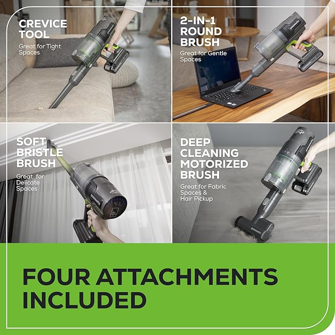 Greenworks 24V Brushless Cordless Stick Vacuum Lightweight Handheld Pet Anti-Allergen HEPA Filtration Hard Floor Carpet Car 4Ah Battery and 30-Minute Charge Time (Green)