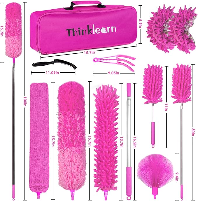ThinkLearn Microfiber Dusters for Cleaning14PCS Feather Dusters with Extension PoleBendable Washable and Extendable Duster for High Ceilings Fans and Blinds House Cleaning Kit Pink Gift for Women