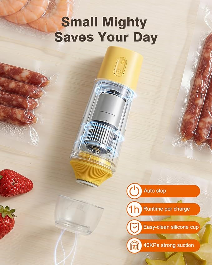 Vacuum sealer for food Chef’s Design to Preserve Freshness Compact Handheld Vacuum Sealer with 30 Reusable Bags Professional-Grade for Food Storage Savers Mustard