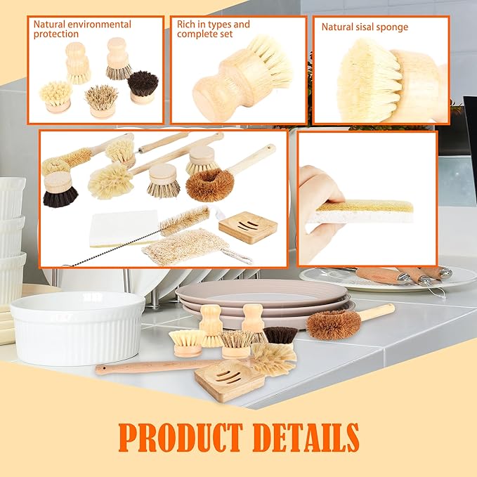 15 Pcs Bamboo Dish Brush Set with 65 Ft Hemp Rope Wooden Palm Pot Brush Sisal Bristles Natural Cup Scrubber Loofah Sponge Draining Tray for Pans Bottle Sink Kitchen Cleaning