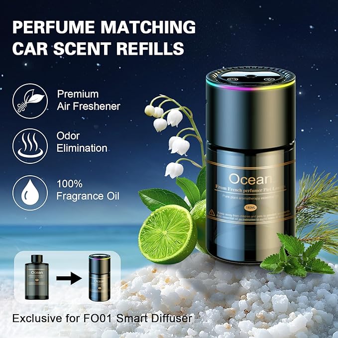 Smart Car Air Freshener Diffuser - 270-Day Long-Lasting Essential Oil 6.09 Fl Oz /180ml Auto On/Off Sensor Ultrasonic Dual Modes Multi-Mode Adjustable Natural French Fragrance Oils Ocean Scent