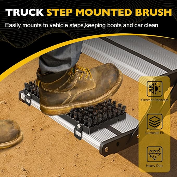 Truck Step Mounted Brush – Heavy Duty Boot Brush Cleaner for Trucks RVs SUVs &amp Semis – Fast Mud Removal with No-Tool Install – Built for Outdoor Work and Off-Road Demands