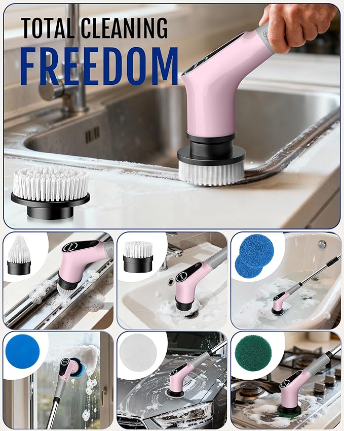 Dovety Electric Spin Scrubber Cordless Cleaning Brush Shower Scrubber with 8 Replaceable Brush Head Power Cleaning Brush with Extension Handle 2 Adjustable Speed for Bathtub Grout Tile Floor