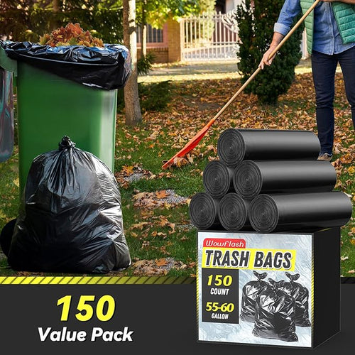 150 Count 55-60 Gallon Trash Bags Sturdy &amp Tear-Resistant Commercial Can Liners 55 Gallon Large Garbage Bags Large Black Trash Bags for Commercial Lawn and Leaf Bags