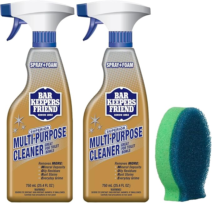 Bar Keepers Friend MORE Spray + Foam Multipurpose Cleaner (2 x 25.4 oz) &amp Dish Fish Dual Sponge for Bathroom Kitchen &amp Outdoor Use on Stainless Steel Aluminum Brass Tile Ceramic Porcelai