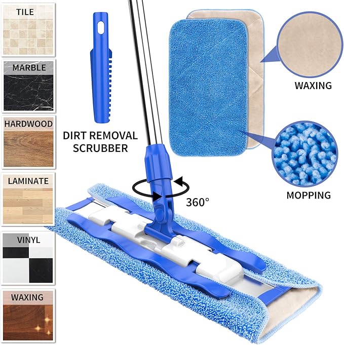 MR.SIGA Professional Microfiber Mop for Hardwood Laminate Tile Floor Cleaning Stainless Steel Telescopic Handle - 3 Reusable Flat Mop Refills and 1 Dirt Removal Scrubber Included