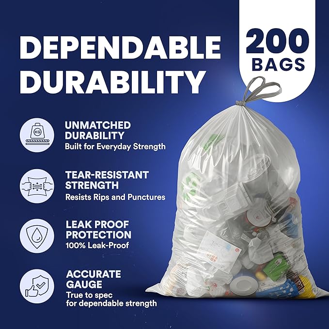 Plasticplace 13 Gallon Trash Bags │ 1.0 Mil │ Clear Extra Tall Drawstring Garbage Can Liners │ 24 x 31 (200 Count)