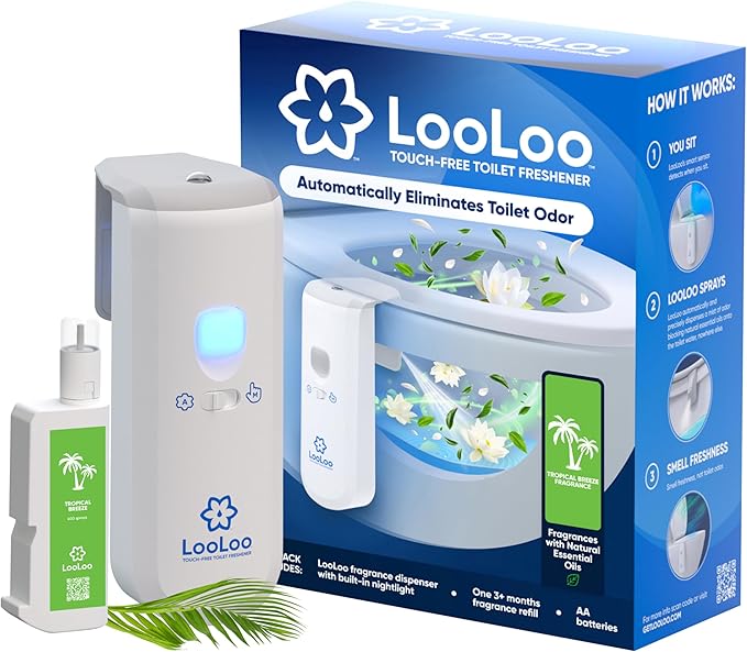 LooLoo 3.0 Touch Free Toilet Freshener Automatic Air Freshener Spray for Bathroom Starter Kit with Light and Toilet Deodorizer Bathroom Spray Odor Eliminator - White