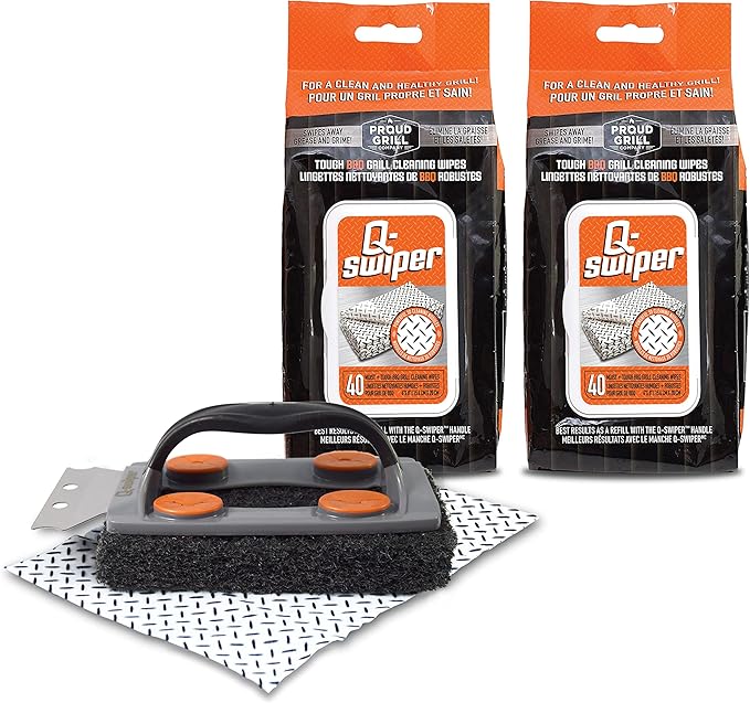 Proud Grill Q-Swiper Grill Cleaner Set - Bristle &amp Wire-Free Brush with Scraper &amp 80 Moist Wipes - BBQ Smoker Cleaner Kit Safe for Outdoor Griddle Grates Grease &amp Grime Remover Barbecue
