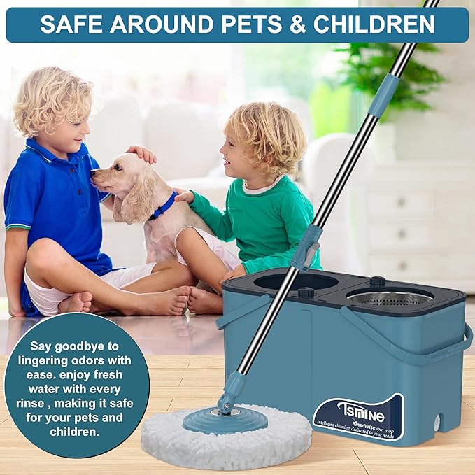 Gen 1 Large-Capacity Spin Mop and Bucket – for Big Homes &amp Deep Cleaning Days4-Chamber System Separates Dirty &amp Clean Water 2-GAL Heavy-Duty Design with Wheels &amp 8 Refill Mop Heads - Blu