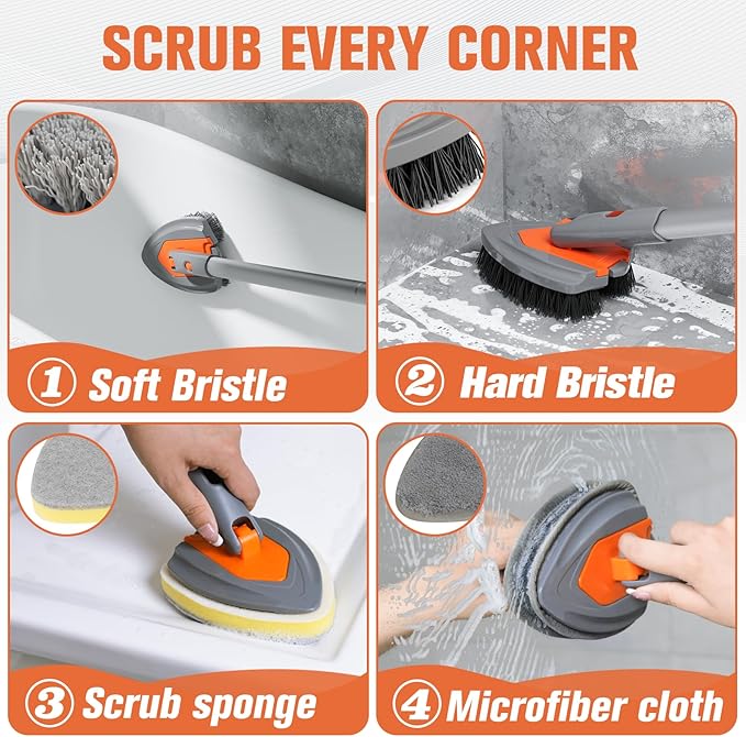 Eazer 4-in-1 Long-Handled Tub Scrubber-Versatile Bathroom Cleaning Brush with Shower Scrubber-Ideal Shower Cleaner Brush for Efficient Cleaning-Long Handle Scrub Brush for Shower Tub and Bathroom